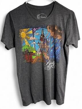 Disney Shirt Womens Small Grey Beauty and the Beast Stained Glass Castle Tee